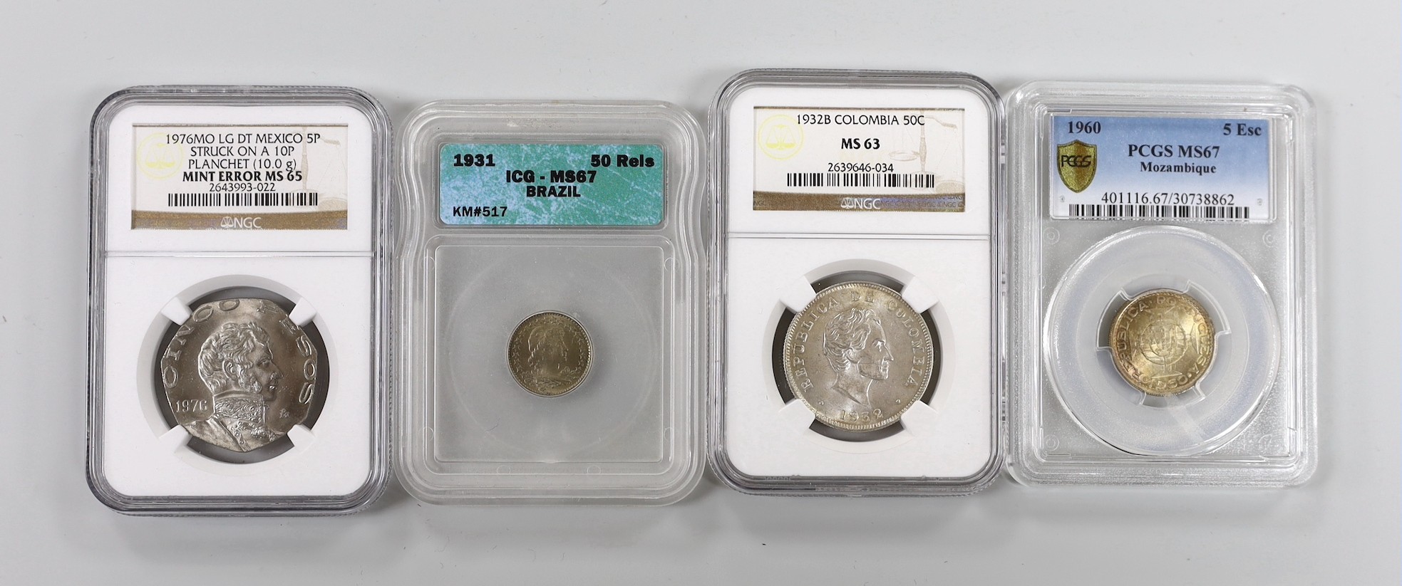 Central & South America and Africa coins, slabbed and graded - Mozambique 5 escudos 1960, PCGS MS67, Mexico 5 pesos 1976, mint error struck on a 10 pesos planchet, NGC mint error MS65, Colombia 50 centavos 1932B, NGC MS6